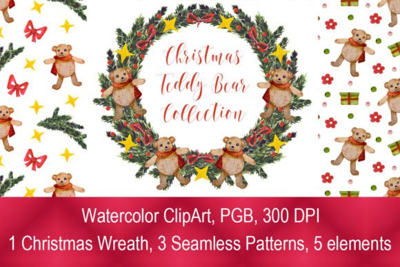 Christmas Teddy Bear Watercolor ClipArt & Illustrations