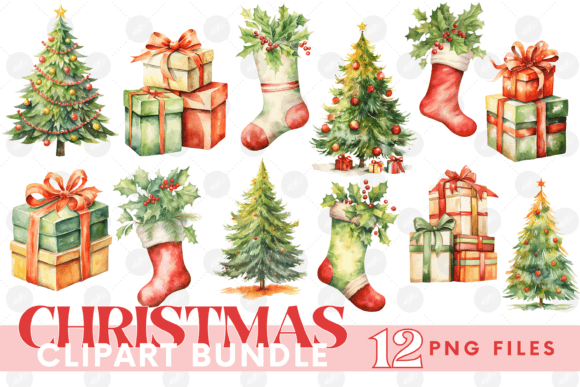 Christmas Tree Clipart Bundle Stocking Illustrations