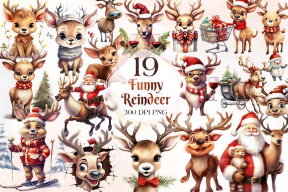 Funny Christmas Reindeer Clipart: Illustrations