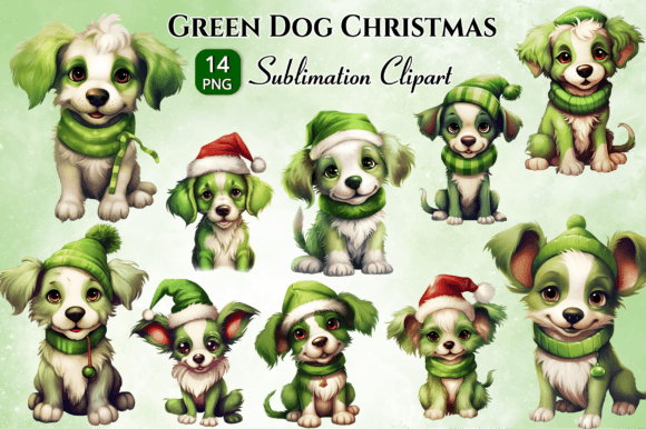 Green Christmas Dog Clipart PNG & Illustrations