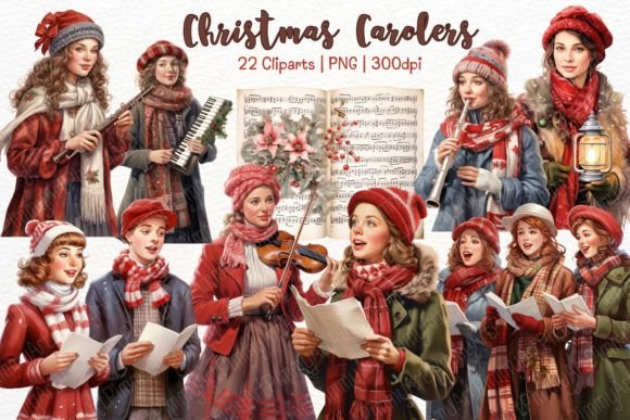 Reviewing Christmas Carolers Watercolor Clipart Illustrations