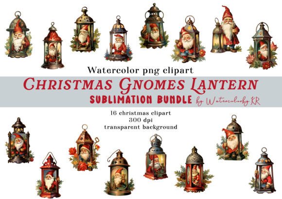 Vintage Christmas Gnomes Lantern Bundle Illustrations