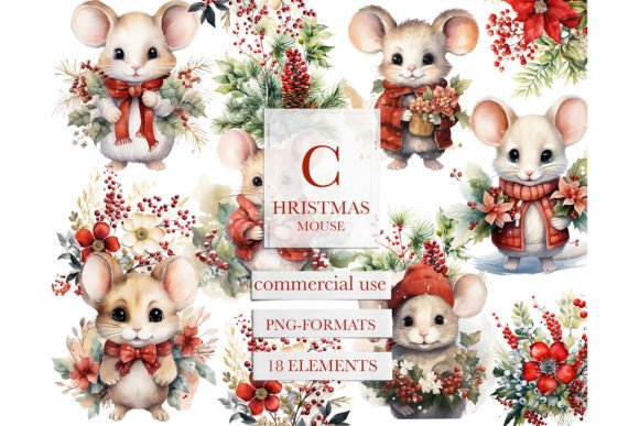 Watercolor Baby Christmas Mouse Clipart Illustrations