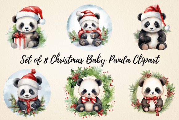 Watercolor Christmas Baby Panda Illustrations