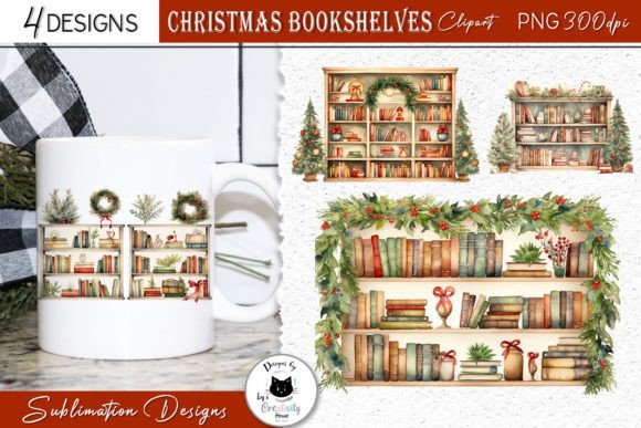 Watercolor Christmas Bookshelf Clipart & Illustrations