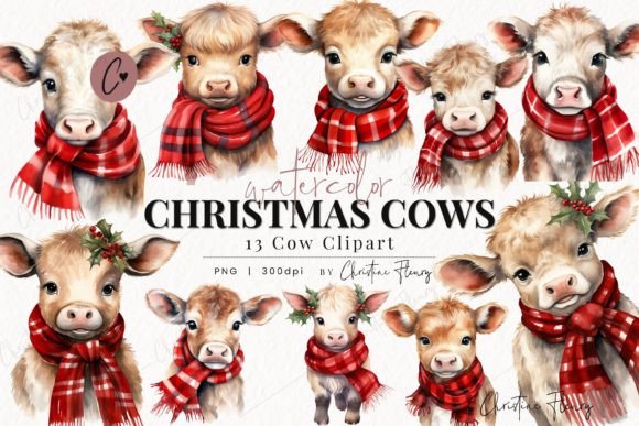 Watercolor Christmas Cow Clipart & Illustrations