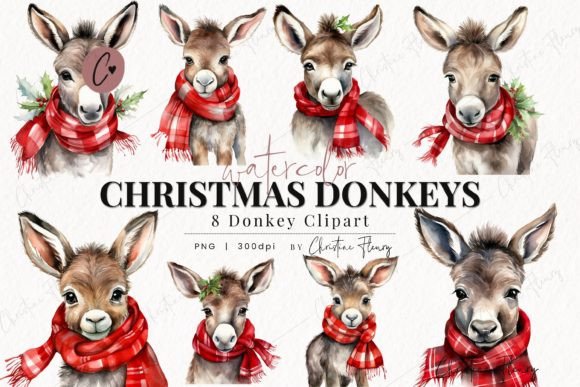 Watercolor Christmas Donkey Clipart: Festive Illustrations