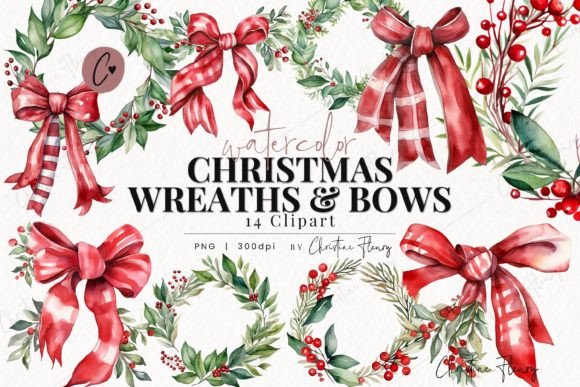 Watercolor Christmas Wreaths Bows PNG Illustrations