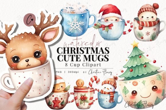Watercolor Cute Christmas Mugs Clipart & Illustrations