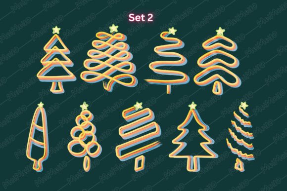 Watercolor Doodle Line Christmas Trees Illustrations