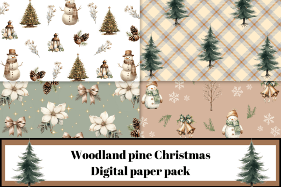 Woodland Christmas Digital Paper Pack Illustrations